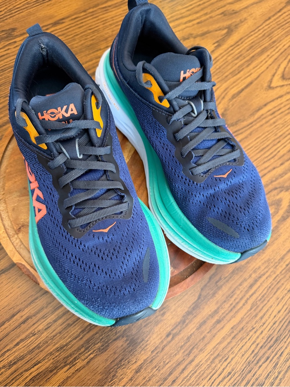 Hoka Navy Running Shoes with Teal Midsole and Orange Logo - Picture 3 of 9